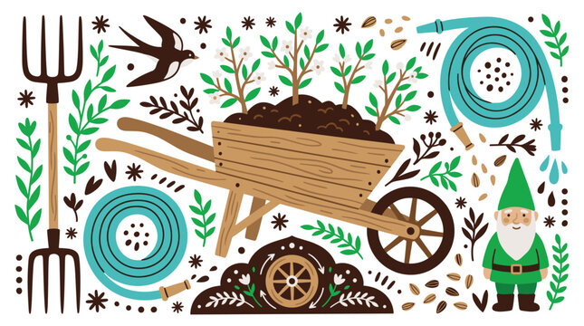 gardening and nature vector icons with wheelbarrow, hose and gnome for web infographic in colorful illustration style