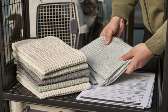 Shelter worker preparing scent cloths and adoption forms at cat adoption event