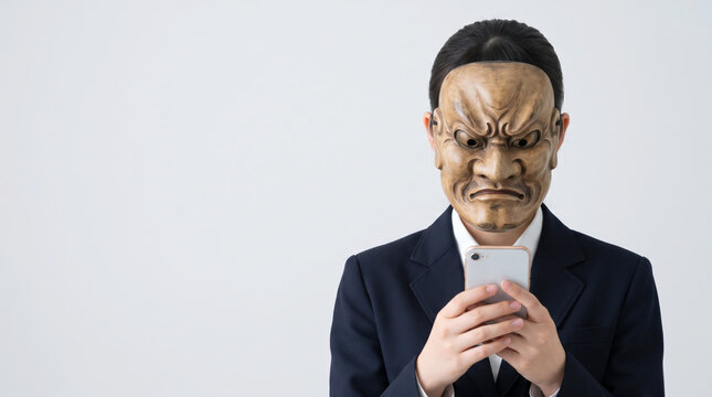 Woman Wearing a Traditional Japanese Noh Mask While Using Smartphone, Online Anger and Social Media Toxicity Concept