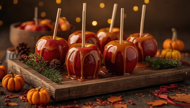 A platter of newly prepared caramel apples.