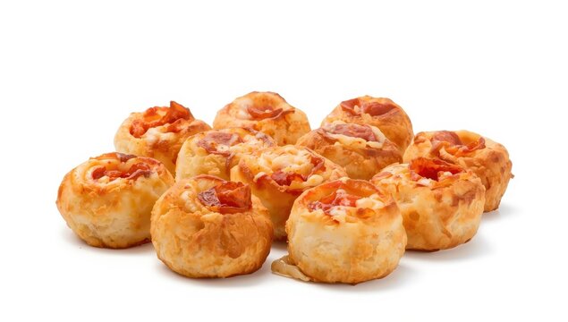 A portion of mini pizza rolls on a white backdrop.
