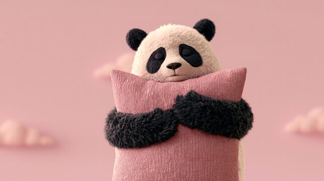 A fluffy panda character hugging a pink pillow with closed eyes.