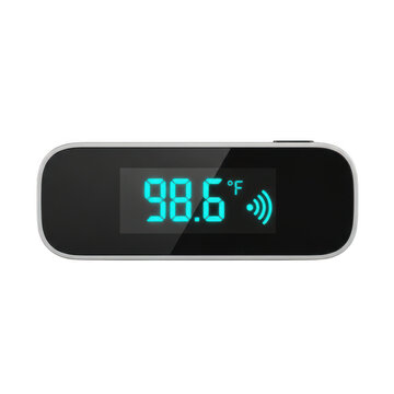 Digital smart thermometer with LED display showing 98.6 degrees Fahrenheit, wireless medical health sensor, modern electronic body temperature monitor