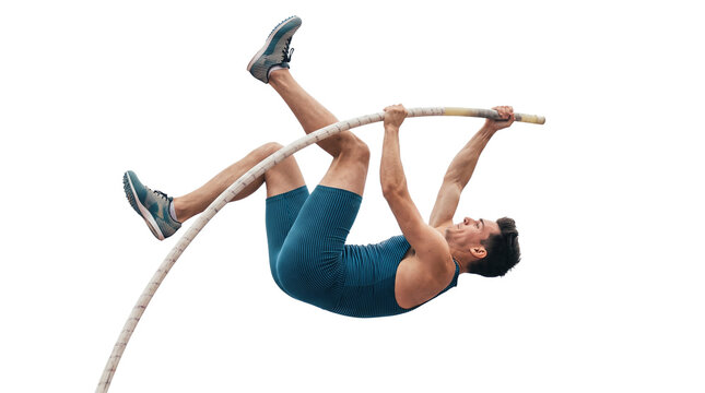 Male athlete performing pole vault jump mid-air with pole in athletic competition PNG Isolated on transparent background