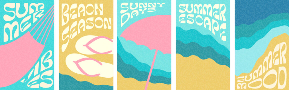 Retro-style summer-themed illustrations featuring vibrant colors and playful typography. Each panel highlights different summer elements like hammocks, flip-flops, and beach umbrellas.