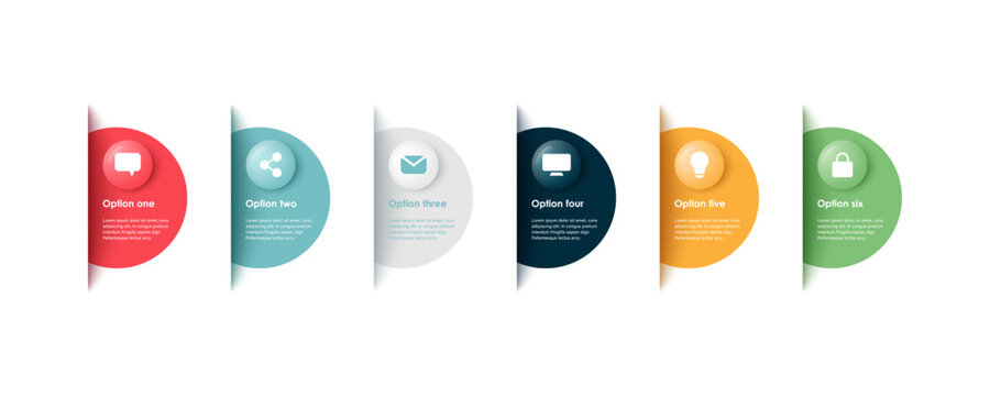 Modern infographic template featuring 6 elements, icons, chiclets and space for data. Layout consists of 6 blocks for data visualization.