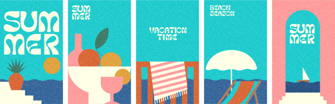 Retro summer-themed illustrations featuring vibrant colors and geometric shapes. Includes elements like pineapples, oranges, beach umbrellas, and sailboats, evoking a nostalgic feel.