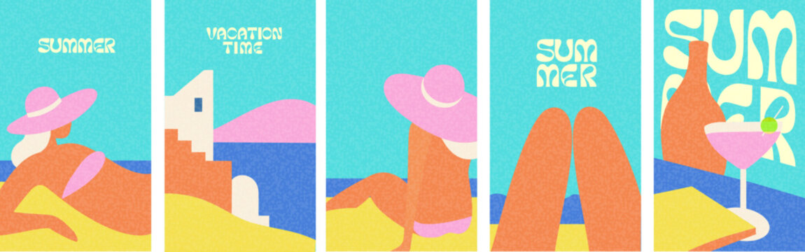 Colorful summer-themed illustrations featuring a woman relaxing on the beach, a coastal building, and a refreshing cocktail. Perfect for vacation and travel concepts.