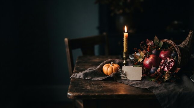 Moody Thanksgiving Tablescape with Cornucopia and Blank Place Card, Elegant Autumn Home Decor Concept