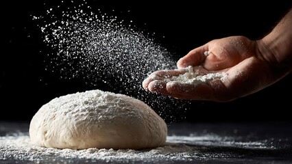 Obraz premium Chef hand sprinkling flour on raw dough on black background