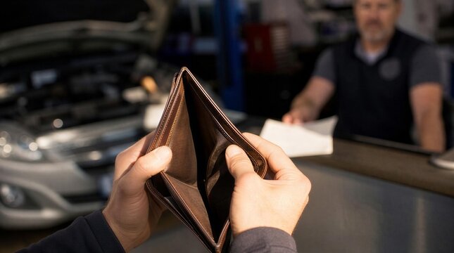Empty wallet showing financial hardship in auto repair shop