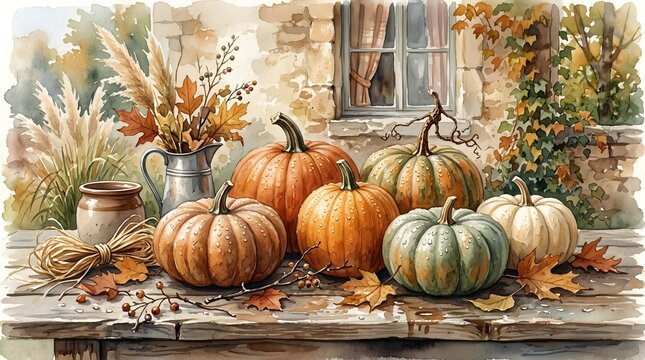 Assorted Pumpkins Arranged on a Rustic Wooden Table in an Autumn Garden Setting