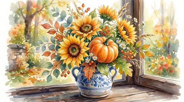 Watercolor painting of sunflowers and pumpkin in a ceramic vase on a window sill with autumn foliage background
