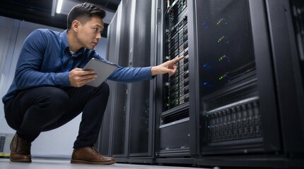 Fototapeta premium IT technician inspecting server rack in data center