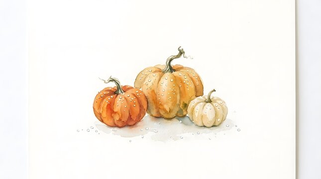 Hand painted watercolor illustration of three orange pumpkins on white background