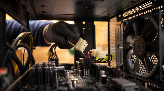 Computer technician installing power supply cable in PC case