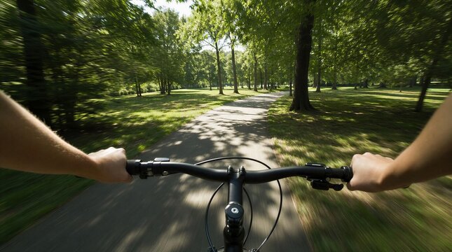 First Person View Cycling Through Green Park Path