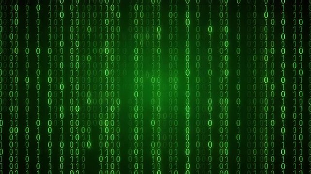 Digital binary code rain falling in glowing green matrix effect with copy space during a dark futuristic data stream