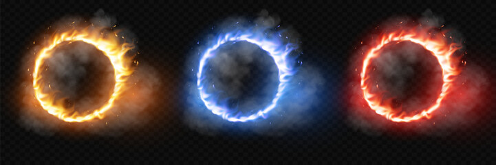 Set of three glowing magic rings in different colors creating light and smoke © Oleksandr