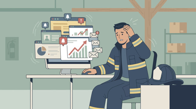 Firefighter stressed with digital overload and computer notifications