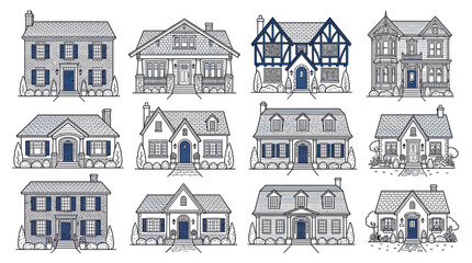 Fototapeta premium Collection of Hand-Drawn Suburban Houses, Diverse Architectural Styles