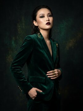 Elegant Asian Woman in Deep Green Velvet Suit with Bold Dark Makeup and Striking Dark Background