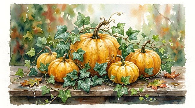 Watercolor painting of orange pumpkins with green ivy leaves on a wooden table