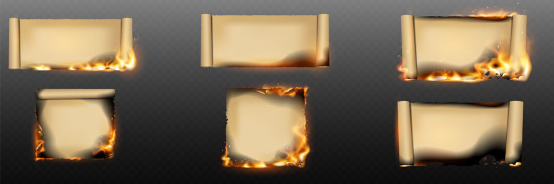 Ancient papyrus or paper sheets burning with fire and smoke on a transparent background