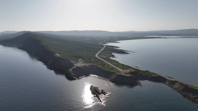 Scenic aerial footage showing the beautiful coastline of cape helles in the Gallipoli Peninsula, oe01