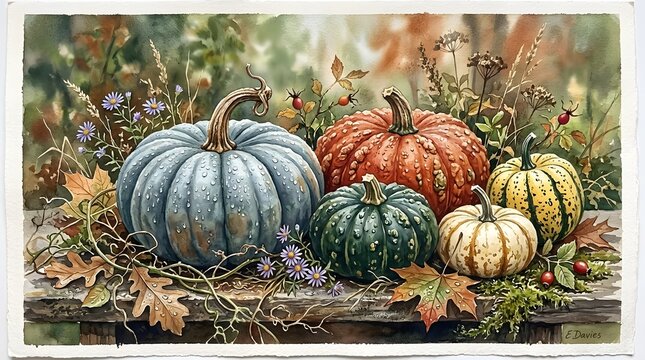 Arranging colorful pumpkins on a rustic wooden table in a cozy autumn setting