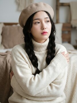 Portrait of a Young Asian Woman in a Cozy Beige Turtleneck and Beret Indoors