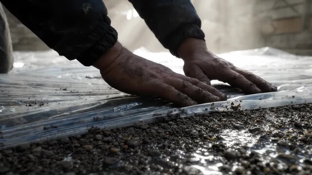 Construction worker smoothing a protective plastic sheet over wet gravel on a building site. A close up shot capturing hands preparing ground insulation, representing hard labor and maintenance.