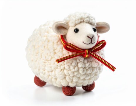 Cute felted wool sheep figurine with red ribbon, New Year zodiac charm