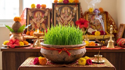 Fototapeta premium Sharad Navratri ritual, a wide clay bowl with vibrant green barley grass sprouts grown tall, a red thread tied around the rim