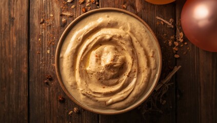 Fototapeta premium An overhead view of a big bowl of tahini set on a wooden table.
