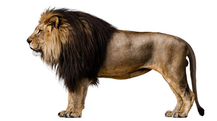 Male lion with dark mane standing profile view © Tibor
