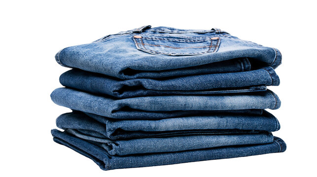 Stack of folded blue denim jeans with pockets