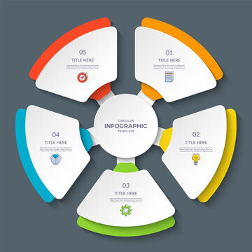Infographic circle with 5 steps, options. Round chart, cycle diagram divided into five parts. Can be used for report, business analytics, data visualization, presentation, educational content.