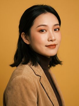 Professional Asian Woman in Corduroy Blazer Posing Against a Warm Mustard Yellow Studio Background