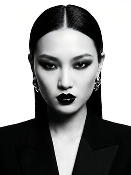 Stunning Portrait of an Elegant Asian Woman With Bold Black Lipstick and Sleek Dark Hairstyle
