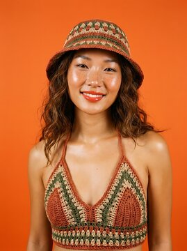 Young Asian Woman Wearing A Stylish Handcrafted Crochet Summer Hat And Matching Crop Top
