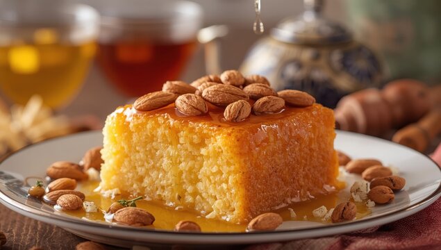 Classic Arabic semolina dessert topped with almonds and syrup. Basbousa or namoora. Close-up.