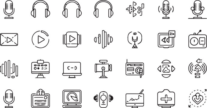 Podcast and radio broadcasting icons set Audio streaming music production and sound recording line icon collection Studio microphone headphones audio wave play button and media outline vector 