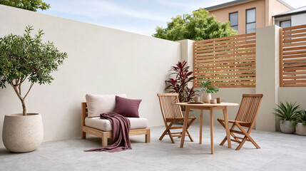 Fototapeta premium Renovation neutral patio with wooden furniture cushions and plants creating cozy outdoor seating