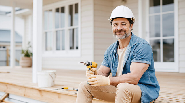 Renovation home renovation contractor holding drill smiling on porch in workwear