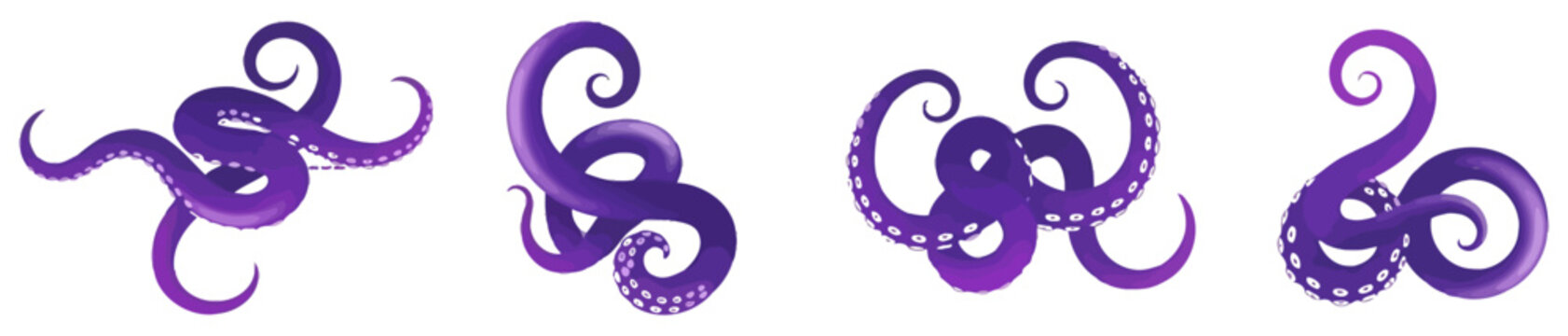 Four purple octopus tentacles isolated on white background