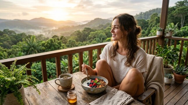 Woman eating breakfast on deck outdoors.