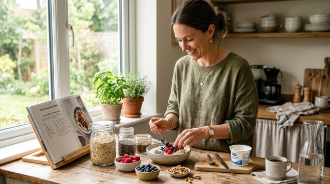 Woman preparing healthy food in kitchen.