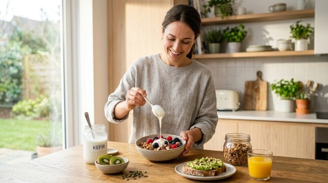 Woman preparing healthy food in kitchen.