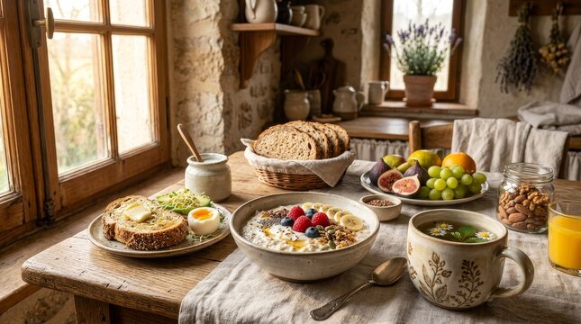 Delicious breakfast spread on wooden table.